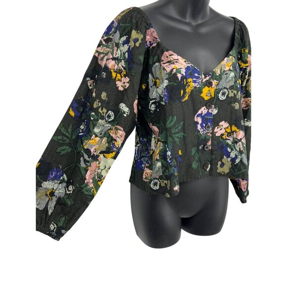 RVCA Black Women Top Blouse Small 8 Floral Sweetheart Cartia Long Sleeve New - Picture 4 of 10